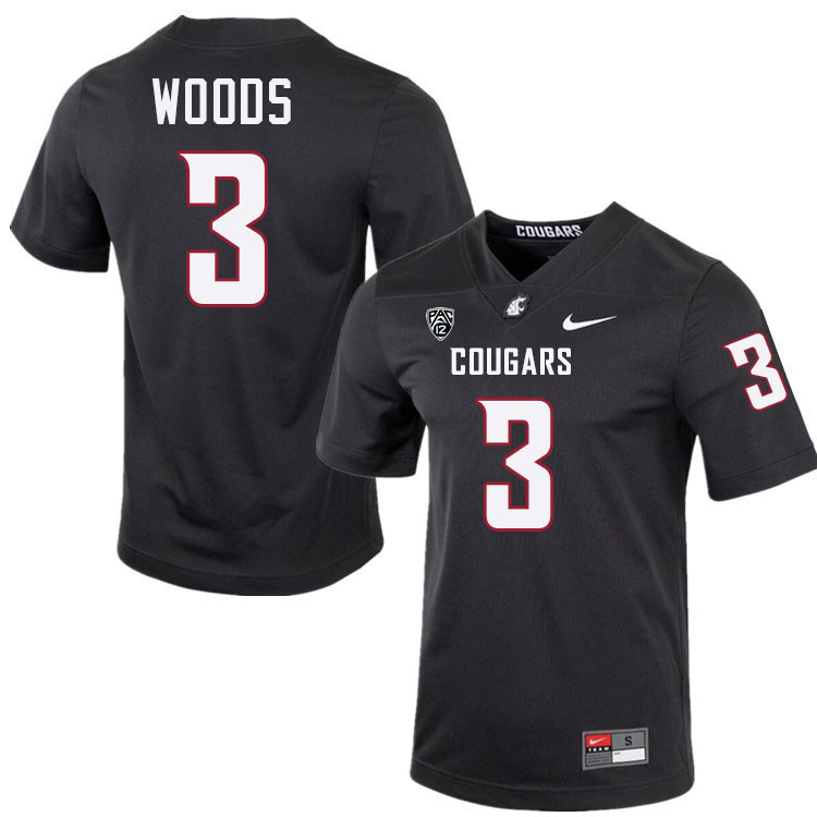 Maxwell Woods WSU Cougars Jersey.Washington State Cougars #3 Maxwell Woods Jersey Youth-Charcoal